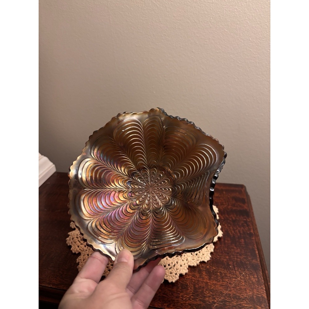 Vintage Fenton Marigold Carnival Glass Ruffled Bowl Peacock Tail Iridescent - Picture 11 of 11